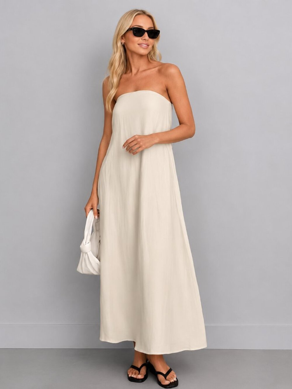Women’s Beige Boho Linen Strapless Maxi Dress Backless Pocket Vacation Sundress
